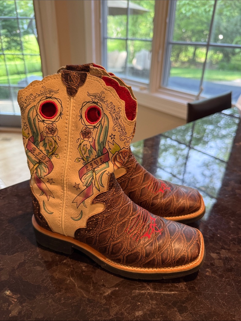 Ariat Brown and Cream Girls' Embroidered Cowboy Boots